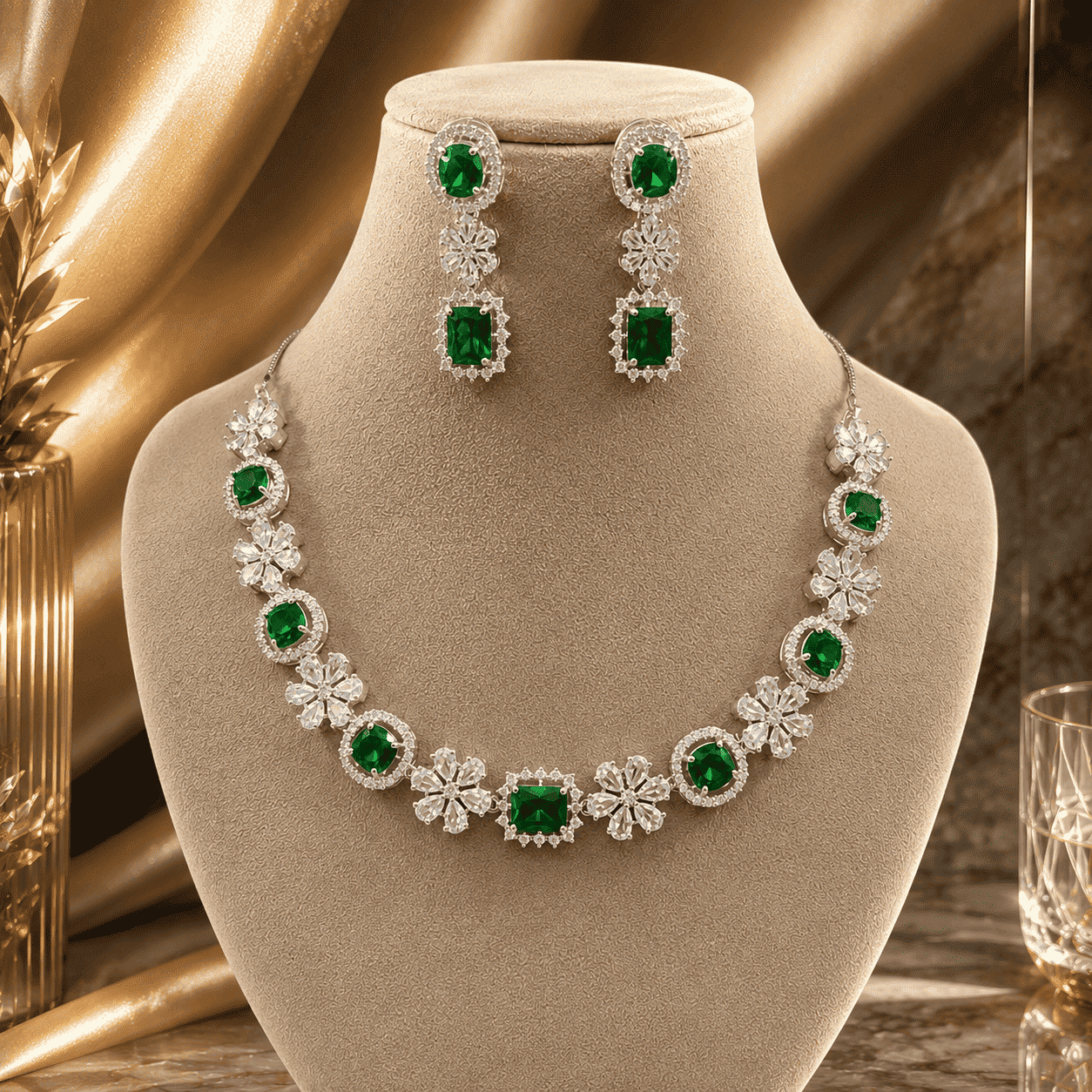 Emerald Green CZ Floral Statement Necklace Set with Earrings | Silver Finish