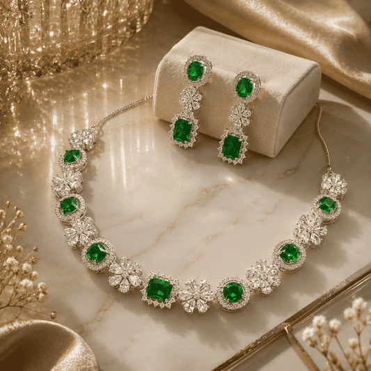 Emerald Green CZ Floral Statement Necklace Set with Earrings | Silver Finish