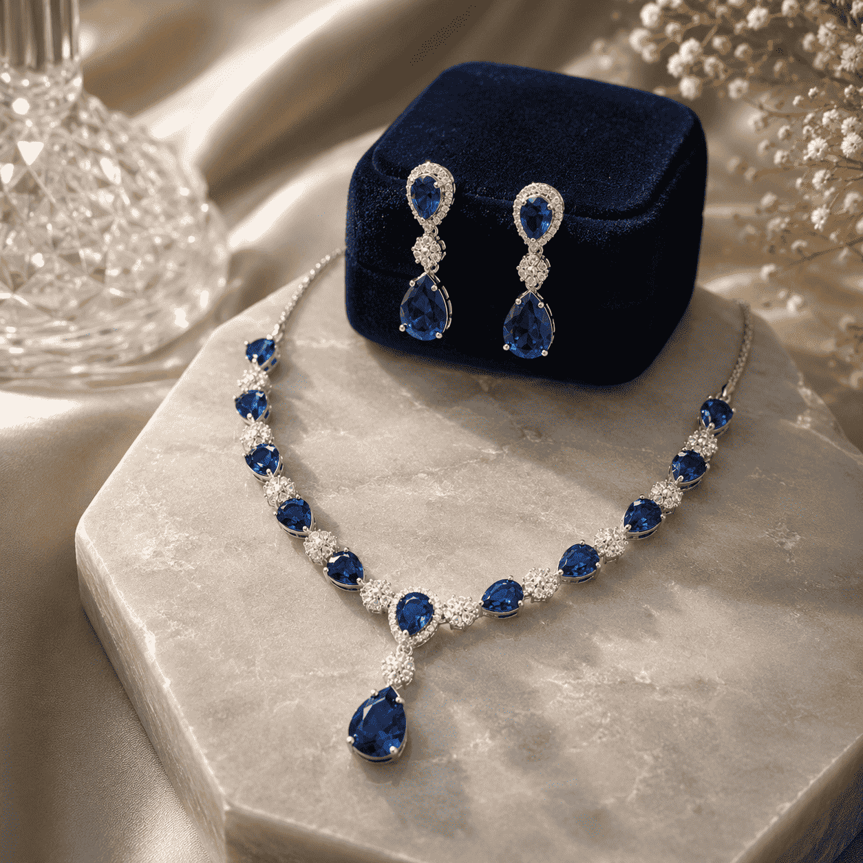 Royal Sapphire Blue CZ Bridal Necklace Set with Drop Earrings | Silver Finish