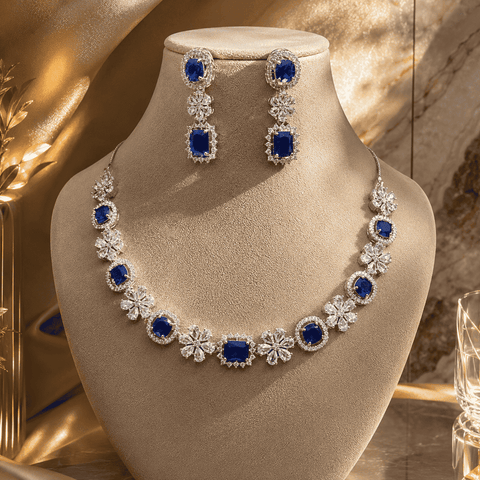Emerald Green CZ Floral Statement Necklace Set with Earrings | Silver Finish