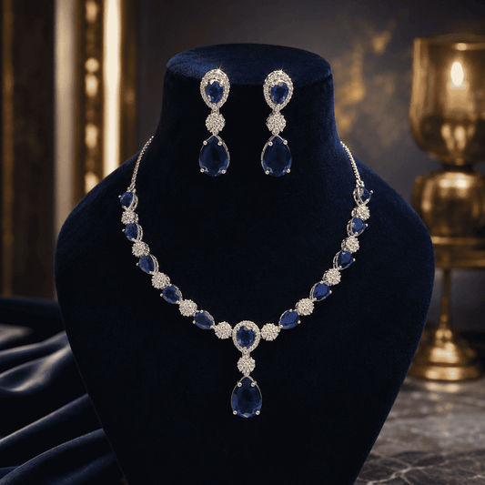Royal Sapphire Blue CZ Bridal Necklace Set with Drop Earrings | Silver Finish