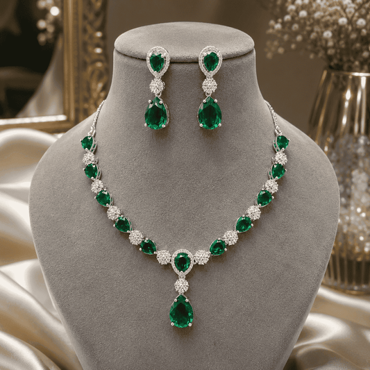 Royal Sapphire Blue CZ Bridal Necklace Set with Drop Earrings | Silver Finish