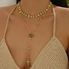 Green Cubic Zirconia Cross Pendant Y- Shaped Necklace Inlaid With Synthetic Diamonds Collarbone Chain Jewelry Accessories